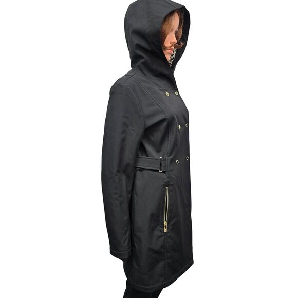 NWOT Via Spiga Hooded Trench Coat Raincoat Black Animal Print Faux Fur Lining M - Picture 8 of 16